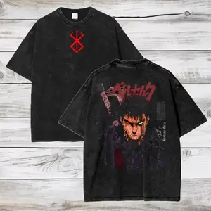 Berserk Guts Washed Vintage T-Shirt, Front & Back Anime Print Tee with Brand of Sacrifice Symbol, Unisex Black Oversized Streetwear, Casual Cotton Shirt for Fans