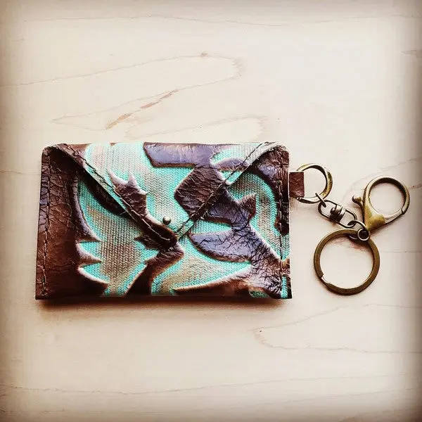 Women's Turquoise Sierra Leather Face Credit Card Wallet - Embossed Hide, Attached Clip, Laredo Design, Ring