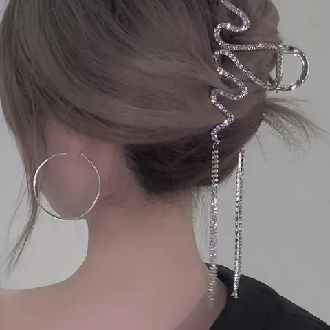 Irregular Wave Shape Design Hair Claw Clip, Rhinestone Decorated Tassel Hair Claw Clip, Elegant Plain Hair Accessories for Women & Girls, Fashion Accessories for Party and Daily Life, Goddess Hair Clip, Rhinestone Hair Clips, Decorative Hair Clips