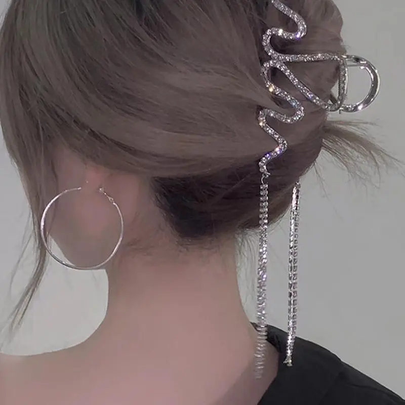 Irregular Wave Shape Design Hair Claw Clip, Rhinestone Decorated Tassel Hair Claw Clip, Elegant Plain Hair Accessories for Women & Girls, Fashion Accessories for Party and Daily Life, Goddess Hair Clip, Rhinestone Hair Clips, Decorative Hair Clips