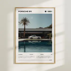 Car by the Pool v1 , Vintage Porsche Print, German Car Wall Art, Magazine Car Poster,, Product without frame