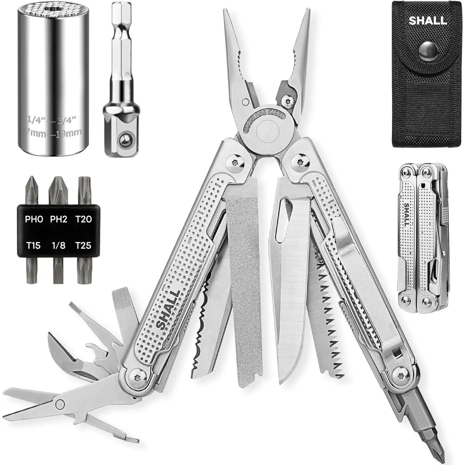 Tool, 18-in-1 Multitool Pliers,-tool Knife w/Screwdriver Bit &, Self-locking Multipurpose Tool w/Sheath for Camping Fishing Hunting