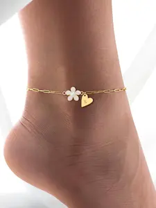 1Pcs Heart Initial White Flower Pendant Women Anklet New Fashion  Classic Golden Stainless Steel Paper Clip Chain Anklets For Women Personalized Jewelry Gift