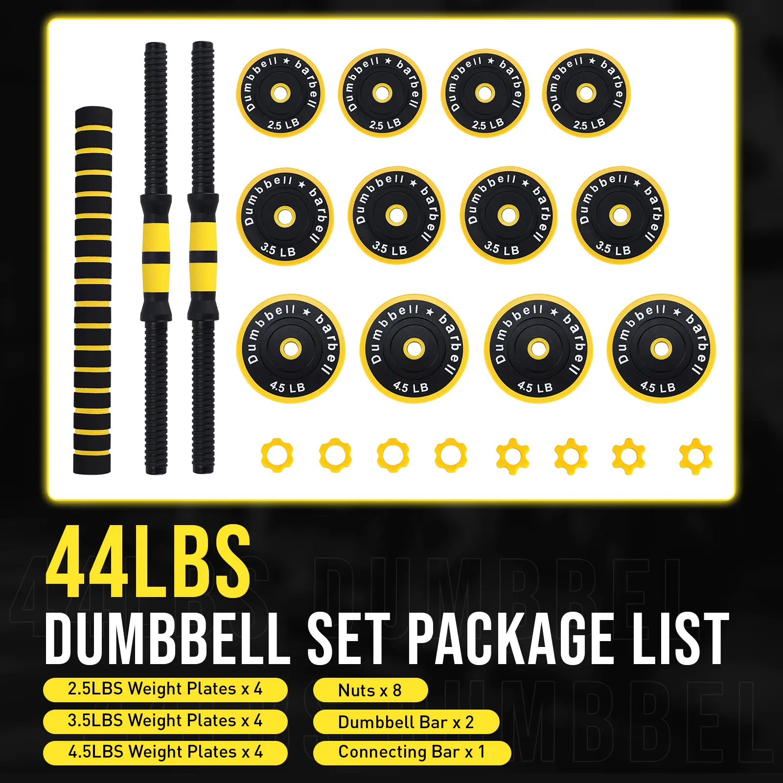 44 LBS Adjustable 2-in-1 Dumbbell-Barbell Set, Multi-Functional Free Weights with Extra-Comfort Foam Handles & Connector, Heavy Duty Space-Saving Home Gym Equipment for Full Body Workout, Resistance Training, Arm Strength Training (Yellow & Black)