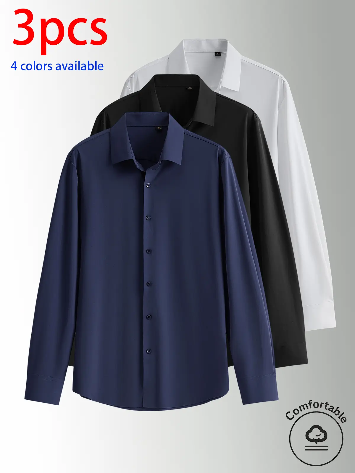 3-pack men’s long-sleeve shirts, men’s shirts, men’s long sleeves. Lightweight, breathable solid-color basic shirt made from nylon–elastane fabric. Available in four colors. Solid color is versatile—easy to match across styles. Suitable for everyday wear,