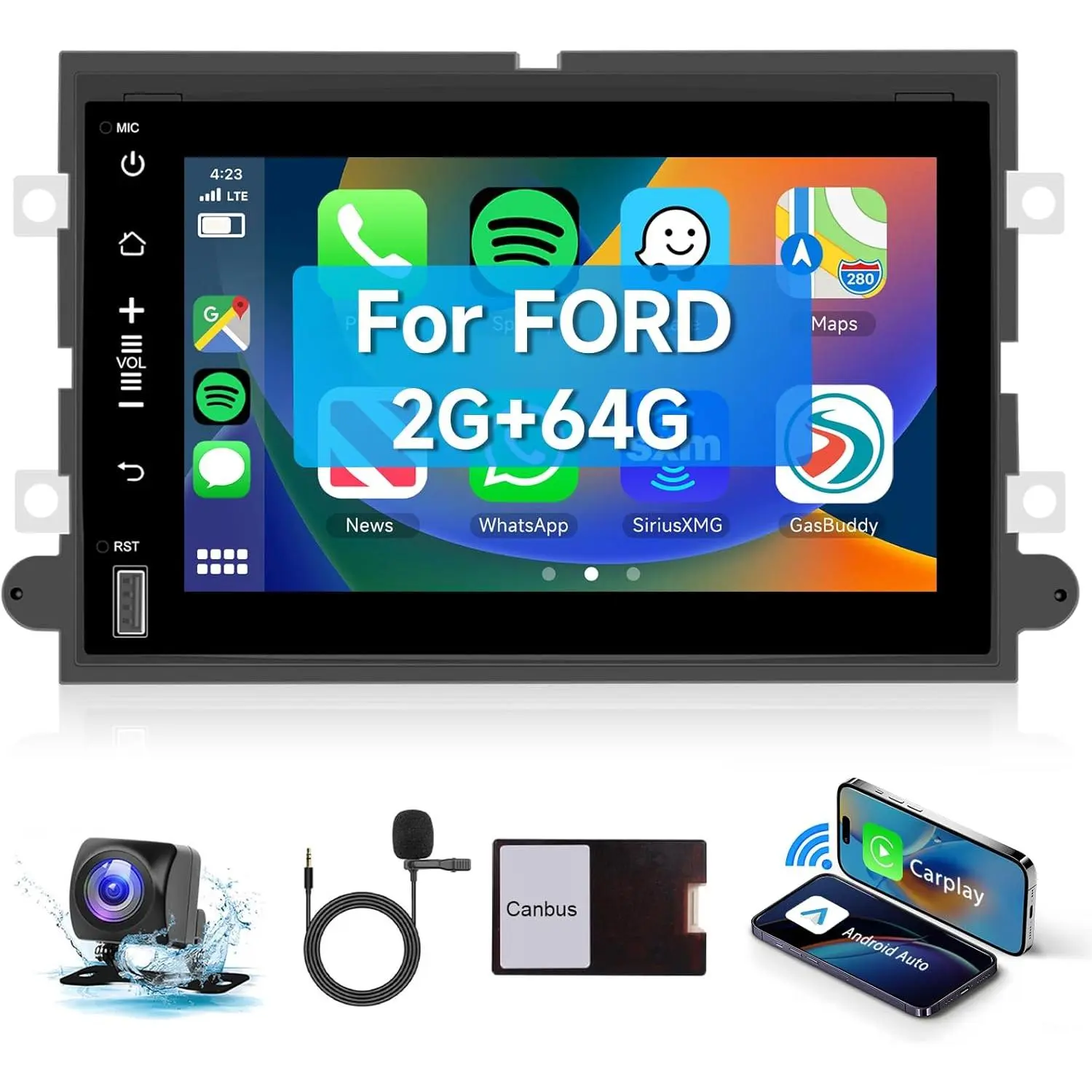 2+64G Android 15 Car Radio Stereo for Ford F150/F250/F350 2004-2014, 7 inch 1080P Touch Screen Car Stereo with Wireless CarPlay Andriod Auto, Bluetooth, GPS, HiFi, SWC, WiFi, HD Backup Camera