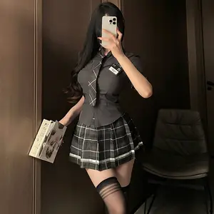 Sexy Student Outfit Cos Uniform - 5-Piece Set with Lace and Playful Plaid, Bold Lace & Naughty Fashion in European Elegance Clothes JK short skirt underwear passion suit  Womenswear Comfort Collared Multicolor Black Blue