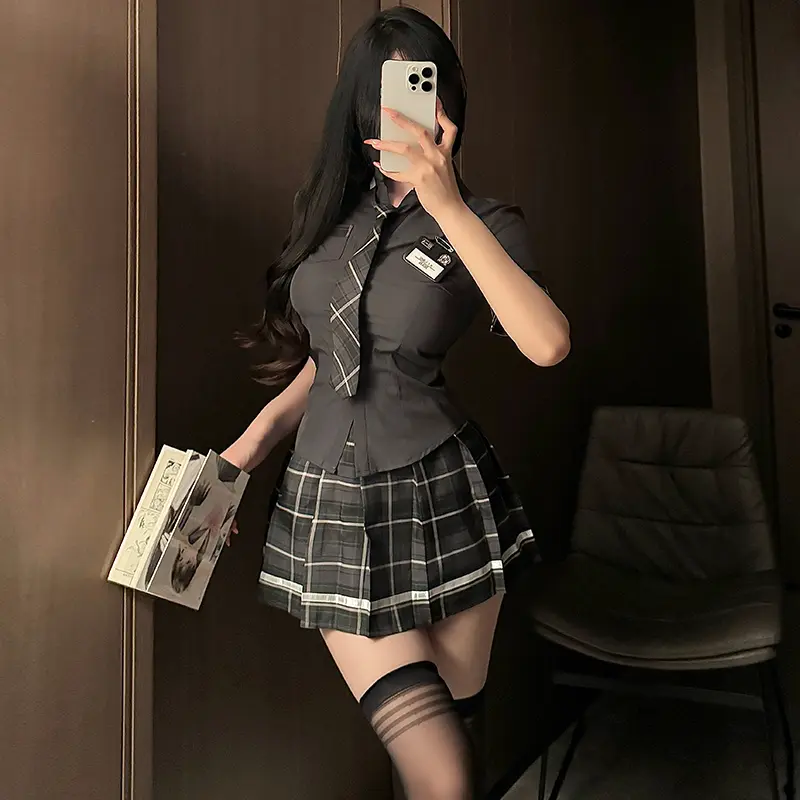 Sexy Student Outfit Cos Uniform - 5-Piece Set with Lace and Playful Plaid, Bold Lace & Sexy Student Outfit Cos Uniform - 5-Piece Set with Lace and Playful Plaid, Bold Lace &