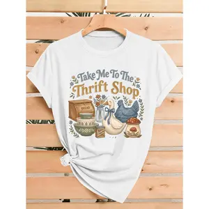 Women's Bohemian Thrift Shop T Shirt Short Sleeve Crew Neck Casual Top with Print Minimalist for Spring Summer Fall Office Commute and Birthday Gift Machine Washable Casual Wear for Errands and Outings