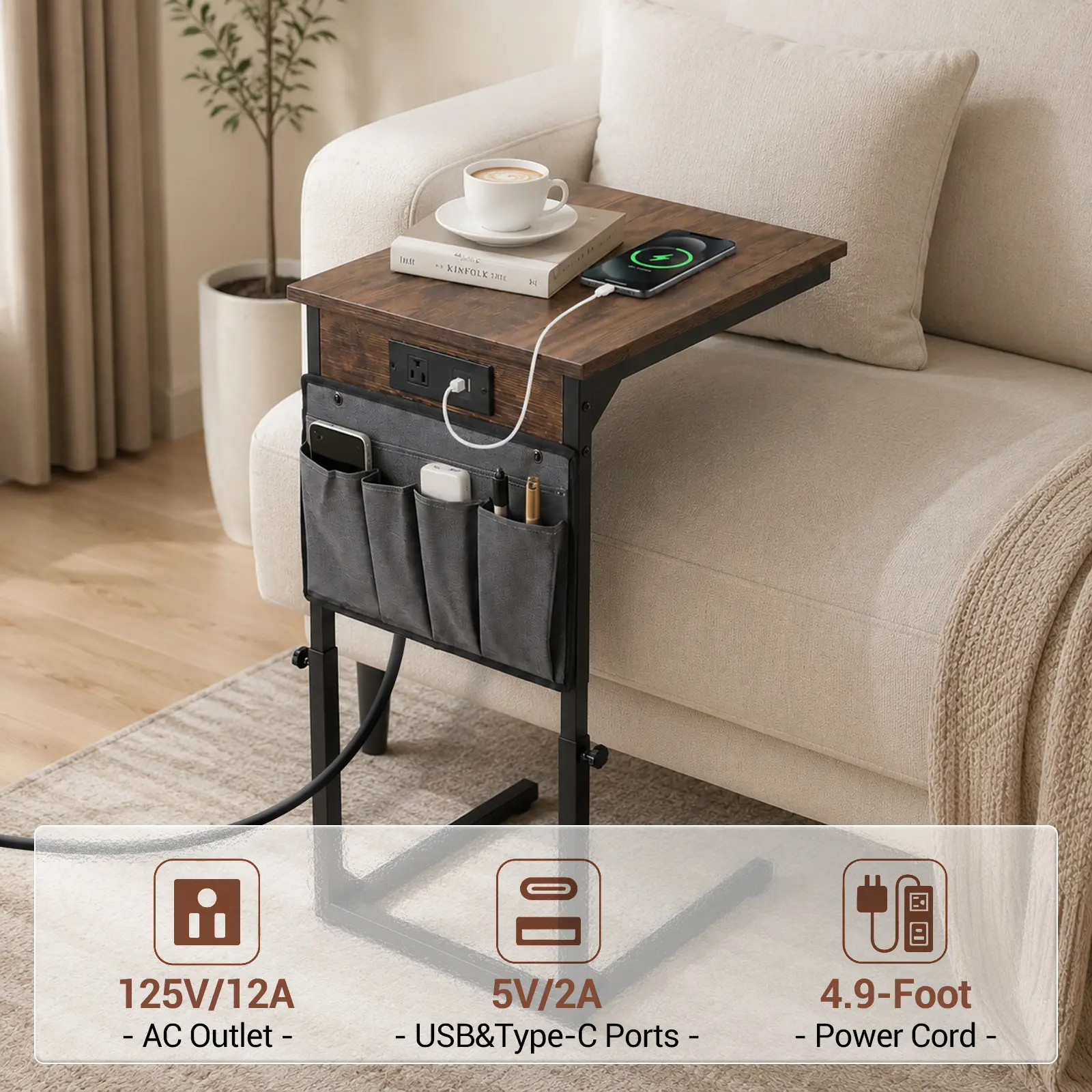 Garvee C-Shaped End Table with Charging Station, Sofa Side Table for Couch - Hanging Organizer, Compact Small End Table for Living Room & Reading - Burned Finish