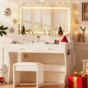 COMHOMA Makeup Vanity Desk with Mirror and Lights, Vanity Table and Chair Set with 5 Drawers and Charging Station, Bedroom Dresser LED Mirror Stepless Dimmable & 3 Color Modes Adjustable, Pure White