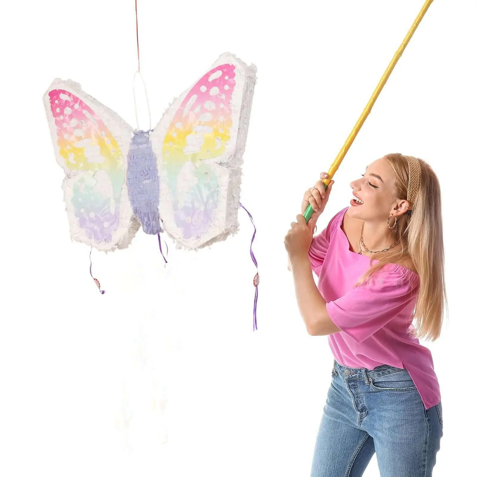 Expandable White Lilac Paper Butterfly Pinata, Pastel-Winged Butterflies Hanging Decoration Ornaments for Fairy Themed Birthday Party, 23"x19" Festive Party Supplies, Happy Birthday