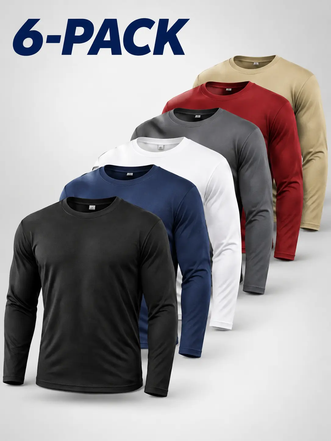 6 Pack Men's Long Sleeve Mesh T-Shirts Soft Breathable Polyester Multi Color Crew Neck Athletic Tees for Gym Daily Wear Outdoor Casual Quick Dry Lightweight Tops S-3XL High Value Set