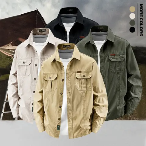 Men's Soft Pure Cotton Mid-Length Classic Button-Down Cargo Shirt - Fitted Straight Basic Style, Thick Durable Fabric, Multi Patch Pockets, Multiple Colors, Ideal for Outdoor & Casual Wear, Male Clothing Tops for Pairing with Jeans, Jackets, Sweaters