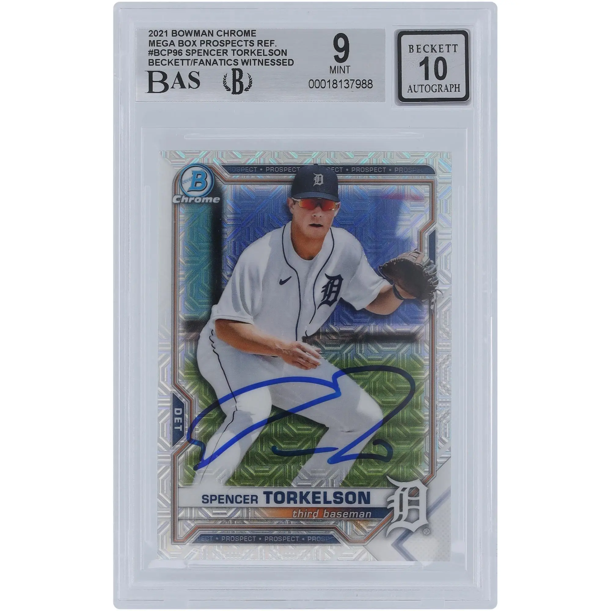 Spencer Torkelson Detroit Tigers Autographed 2021 Bowman Chrome Prospects Mega Box Refractor #BCP-96 Beckett Fanatics Witnessed Authenticated 9/10 Card - Fanatics Authentic Certified