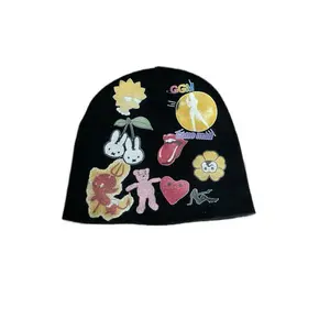 Cartoon Beanie - Black Beanie with Colorful Cartoon Designs and Soft Fabric
