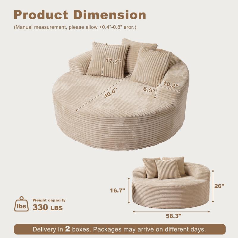 WEAXTY Boneless Circular Couch Round Sofa Chair Plush Corduroy Sponge Sofa Chaise Lounge Oversized Sleeper Round Chairs Bean Bag for Living Room,Lazy Sofa