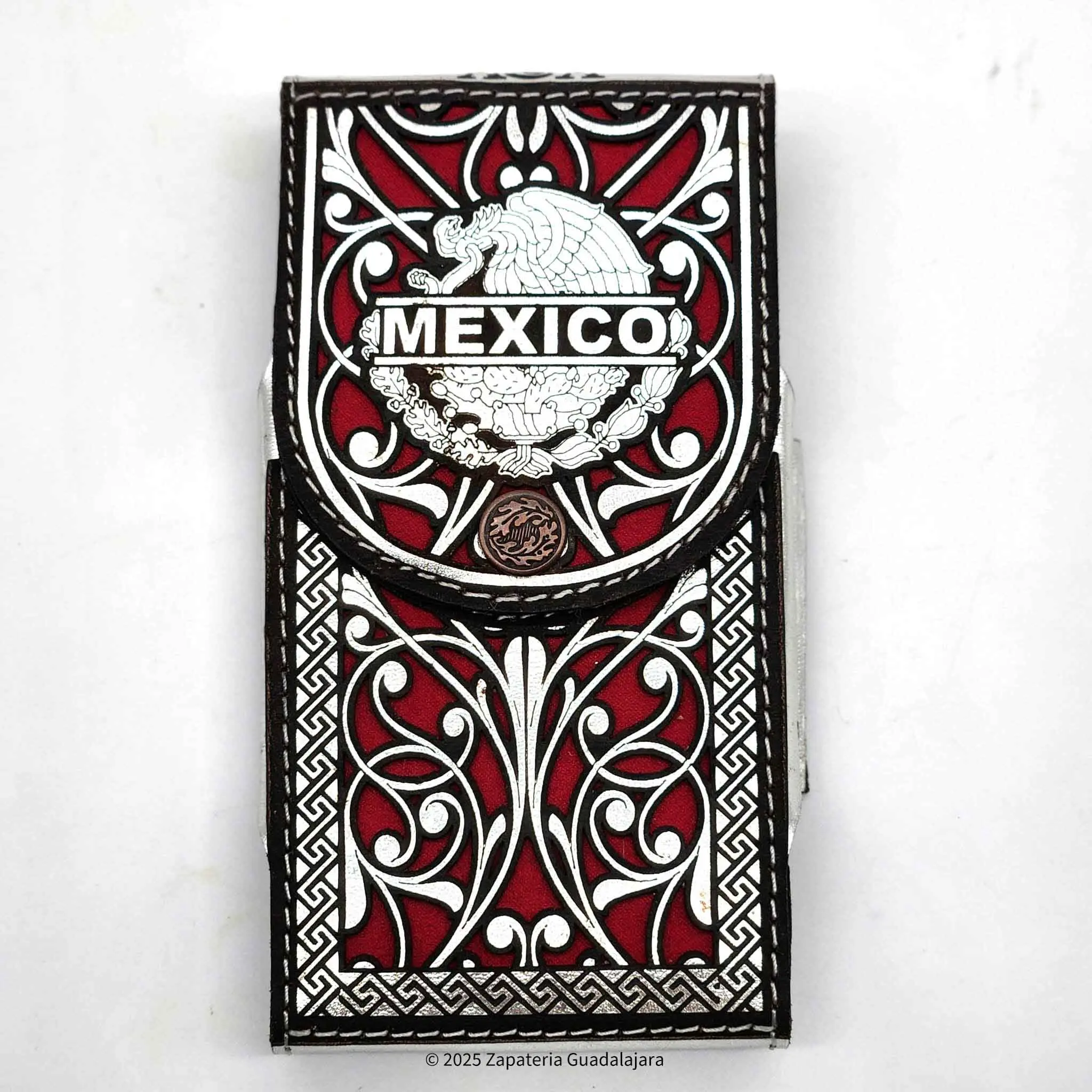MEN'S LASER MEXICO SILVER RED LEATHER PHONE CASE-M305