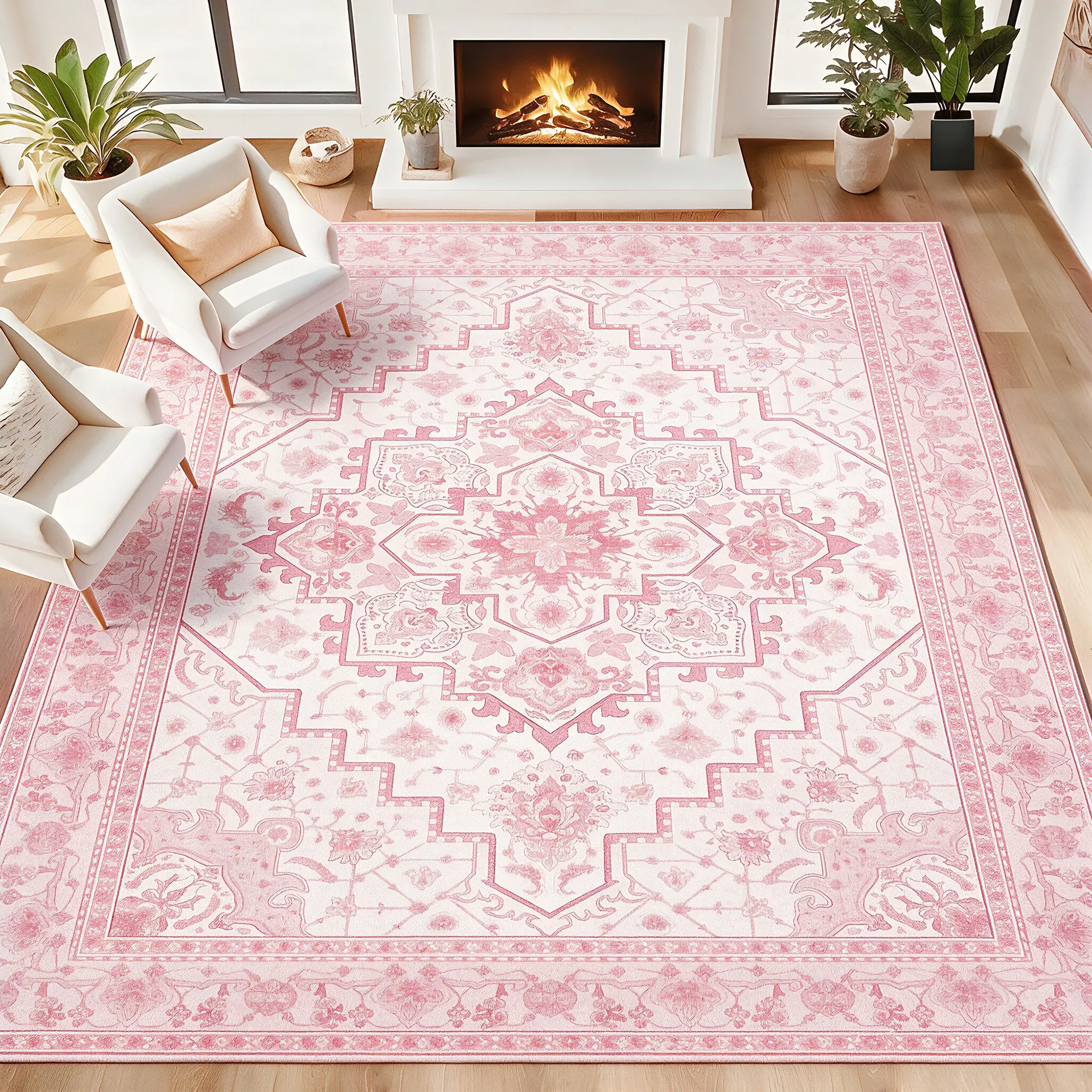 Pink Vintage Floral Area Rug, Machine Washable Low Pile Rug with Non-Slip Backing, Soft Persian Boho Carpet for Living Room, Bedroom, Nursery, Dorm, Kids and Pets