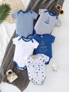5-piece Baby Triangle Jumpsuit Short-sleeved Baby Boy Newborn Cotton Sailing Ocean-style Jumpsuit Stripes Print Bodysuit
