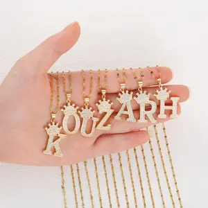 Zircon Crown A-Z Initial Pendant Necklace Shiny Golden Necklace Daily Wear Holiday Birthday Gift Couple Necklace
