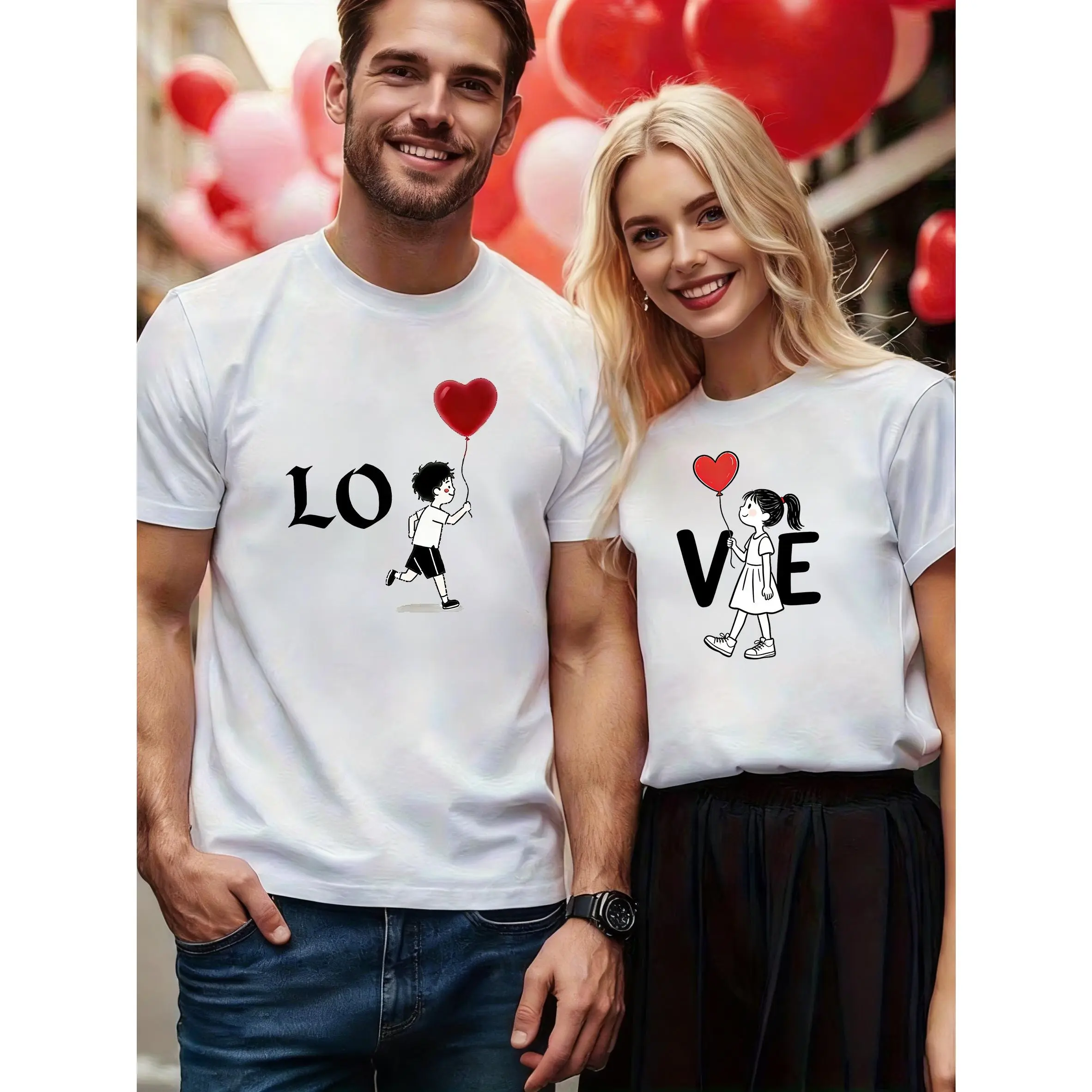 Valentine's Day Limited Edition T-Shirt | Unisex Couple T-Shirts - Design Featuring Couples Towards Each Other, Unisex Casual Round-neck Short-sleeve Shirts, Machine Washable and Comfortable for All Seasons. Suitable for Valentine's Day