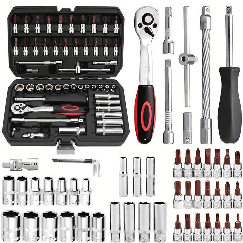 46/53 pcs Car Repair Tool Kit, Household Machinery Tools Set,Standard Socket Wrench, 1/2 * 1/4 "3/8" Drive Depth,Ratchet Screwdriver Compatible with Car Repair & Bicycle Repair, Hardware Toolbox,Auto Household, Christmas Gift for Dad,Black/Green