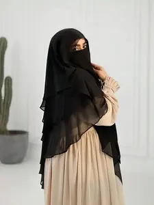 Three-Layer Black Chiffon Niqab Khimar, Elegant Muslim Modest Headwear