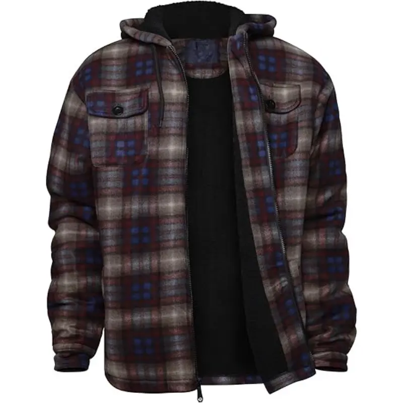 Men's Heavy Thick Cotton Blend Flannel Plaid Sherpa Fleece Lined Zip-Up Hoodie with Hand-Warmers, Winter Warm Street Casual Daily Wear Coat