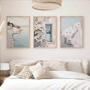Set of 3, Grecian Coastal Wall Art Prints Unframed, Light Blue Living Room Art, Neutral Coastal Decor, Soft Blue Bedroom Wall Art, Muted Blue Decor