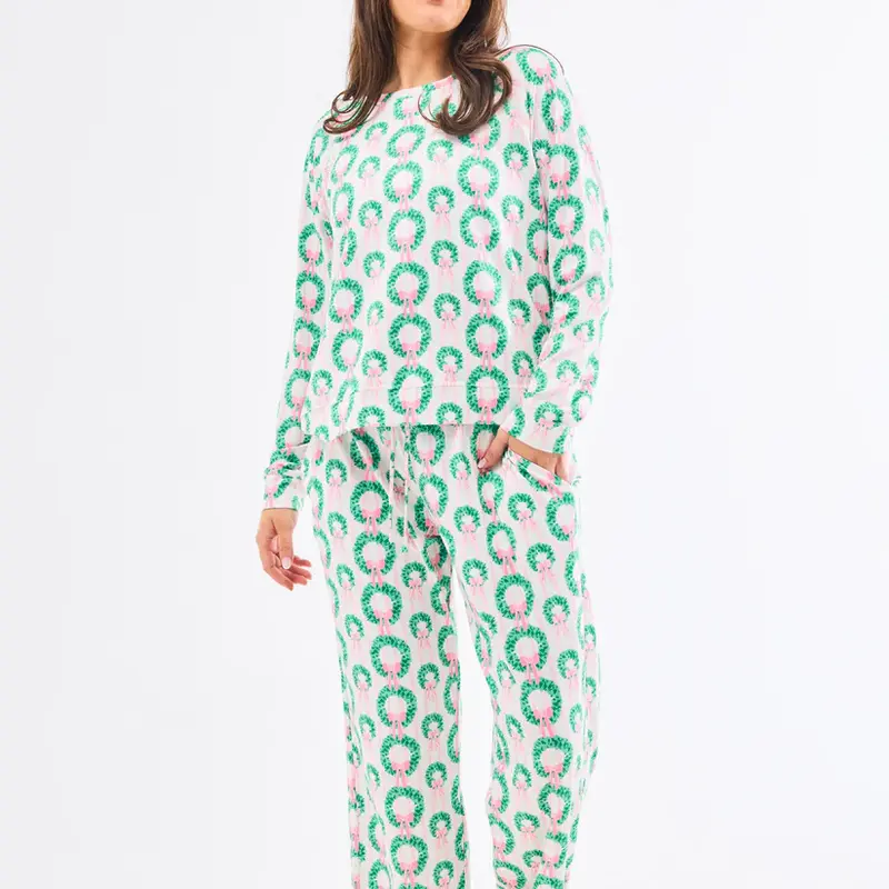 Women's 2-Piece Christmas Knit Fabric Pajama Set - Festive Nightwear, Casual Crew Neck Long-Sleeve Pullover Top, Side Stripe Print Pants, Plant Pattern Loungewear Home Outfits