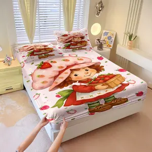 Cute Strawberry Girl Print Fitted Sheet Set, 1 Fitted Sheet + 2 Pillowcases - 3 Piece, Strawberry Girl with Strawberry Basket Print, Soft Microfiber Fabric, Deep Pocket, Sweet Girly Bedroom Decoration, Gift Strawberry Shortcake Fans