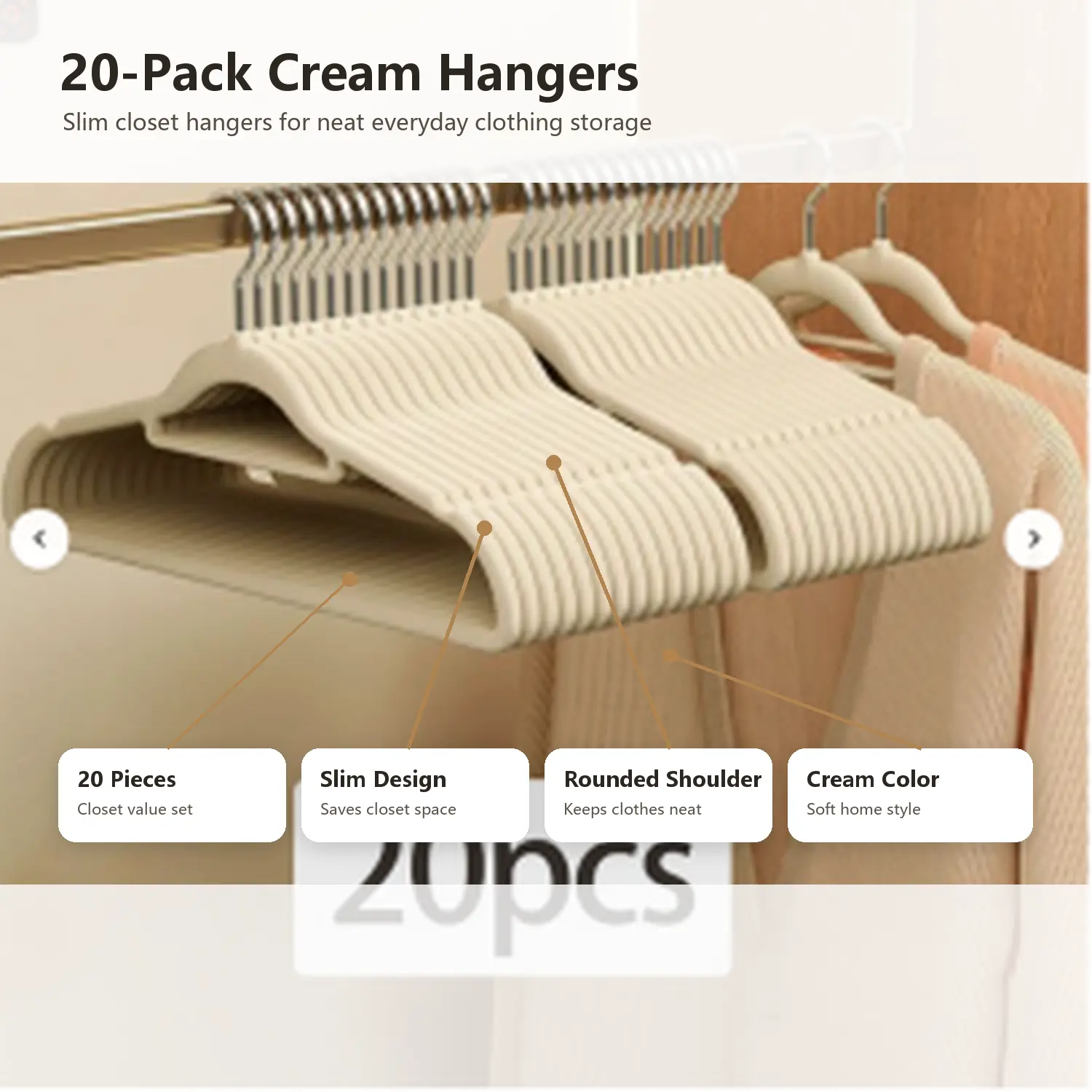 20-Pack Cream Clothes Hangers, Slim Space-Saving Closet Hangers for Shirts, Coats and Daily Outfits