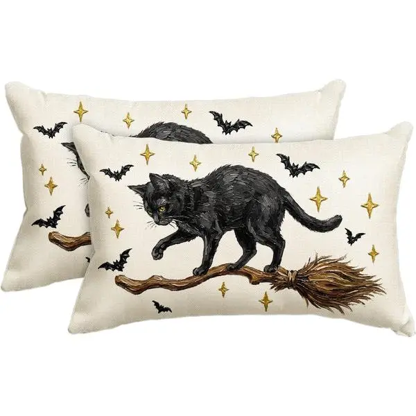 AVOIN colorlife 100% Poly Halloween Black Cat Pillow Covers (Set of 2, 12x20 in) - Whimsical Magic Broom, Bat Themed Autumn Spooky Cushion Cases for Sofa, Living Room Room Decor, House Decor, Hand Sewn
