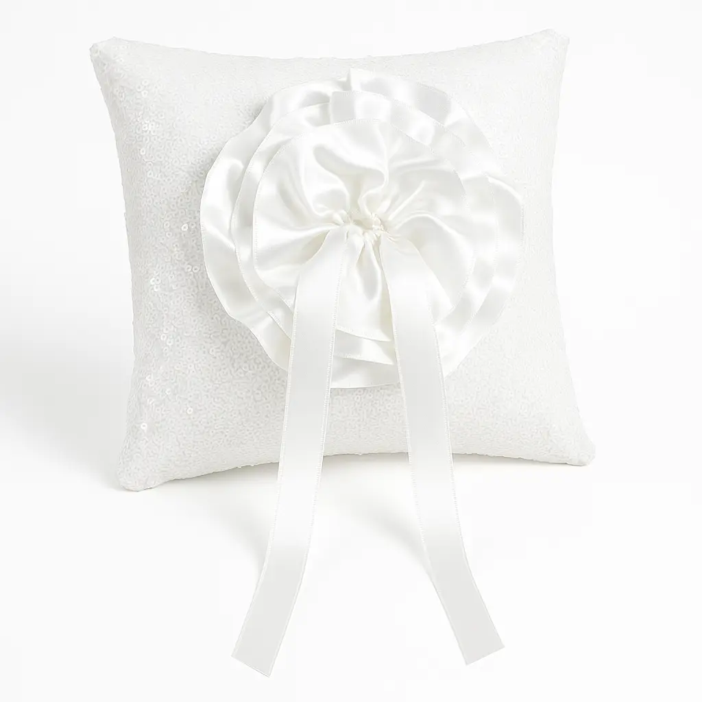 Elegant Sequin Ring Bearer Pillow with Floral Ribbon Accent Elegant Sequin Ring Bearer Pillow with Floral Ribbon Accent