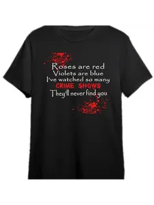 FQU True Crime Humor T-Shirt| Rose Red Crime Scene Tapestry Design with Red Splash Pattern, Heat Transfer Cabin Style, Round Neck, Short Sleeve, Unisex, All-Season Casual Wear, Perfect for Halloween and Christmas, Plus Size