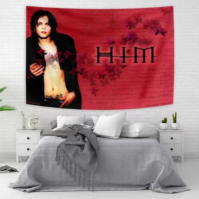 HIM Gothic Rock Band Heartagram Love Wall Tapestry - Vintage Aesthetic Music Backdrop, Lightweight Hanging Cloth, Living Room Wall Decor, Cartoon-Infused Room Art, Independence Day/Buddhism Gift for Family Home Supplies