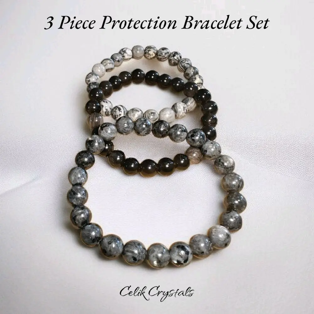 Unisex 3-Piece Exquisite High Quality Natural Crystal Stones Bracelet Set - 8mm Silver Obsidian, Map Jasper, Larvikite, Handmade Stretchy Minimalist, for Adults, Jewelry Accessories & Anklets