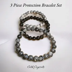 3 Piece Energy Protection Bracelet Set - Silver Obsidian, Map Jasper and Larvikite 8mm Stretches Unisex Natural Stones Handmade