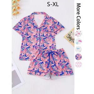 Women's All Over Print Button Front Pocket Shirt & Shorts Pyjama Two-piece Set, Casual Comfy Short Sleeve Collared Top & Shorts PJ Set, Ladies Summer Sleepwear