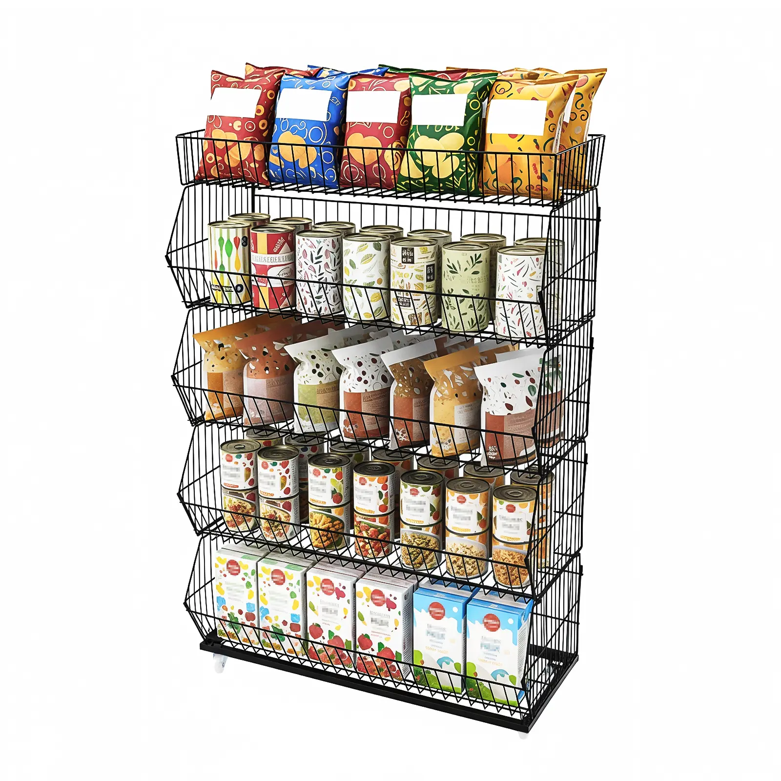 Portable Bake Painting Metal 5-Tier Black Iron Wire Retail Display Rack with Open Slanted Baskets, 4 Wheels (2 Locking), 33 lbs per Tier Capacity - Space-Saving Organizer for Supermarket, Kitchen, Floor Standing Racks & Displays, Heavy-Duty Racks & Displa