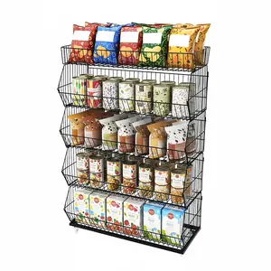 5-Tier Black Iron Wire Retail Display Rack with Open Slanted Baskets & 4 Wheels (2 Locking), Heavy Duty 33 lbs per Tier Shelf Organizer for Fruits Vegetables Snacks, Space-Saving for Supermarket Grocery Store Convenience Store Kitchen