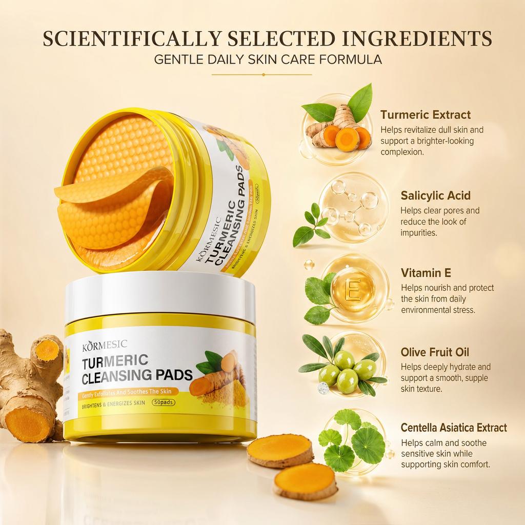 Turmeric Exfoliating Cleansing Pads with Salicylic Acid, Gentle Soothing Facial Pads for Pore Refining, Skin Radiance Boosting, Daily Skin Care for Dull & Acne‑Prone Complexion, 50 Pads Per Jar Skin Repair Facial Wash