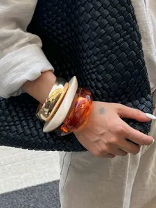 Vintage Amber Resin Bracelet, Thick Metal Bangle, Fashionable Stackable Cuff, Suitable for Women Daily Wear, Multiple Colors Available
