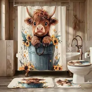 4Pcs Shower Curtain Set Highland Calf Motif, Sunflower Bloom Graphic Bathroom Sets with Rugs Christmas Halloween Thanksgiving, Bathroom Decor Cute Brown Cow with Horns in Metal Pail Surrounded by Yellow Flowers and Green Leaves on Light Background