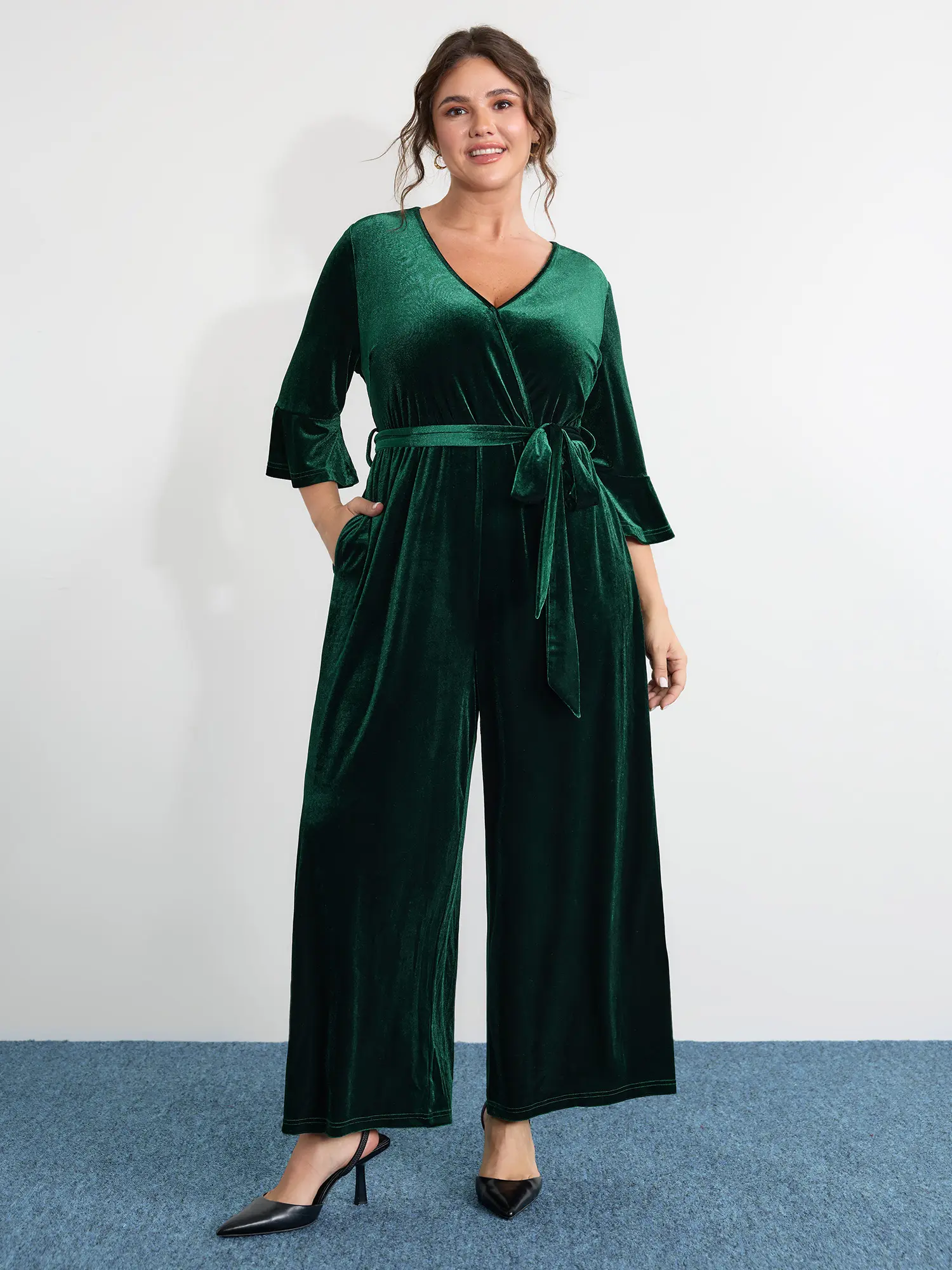 BloomChic Women's Plus Size Classic Velvet Overalls with a V-Neck, Ruffle Sleeves, Wide-Leg Cut, and Belt, Garment, Fabric, Plus Size Overalls, Polyester Blend, Side Pockets, Spandex, Elastane, Low Iron, Machine Washable, Velvet Texture, Fit, Multi-Size