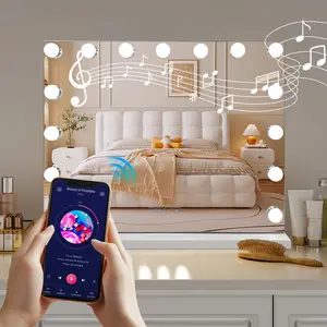 INMTFEI Hollywood Bluetooth Lighted Vanity Mirror 58x46cm with 5X Magnifier 3 Color Dimmable LED Lighting Bluetooth Speaker Smart Touch Memory Mountable bathroom Decor Glass Wall