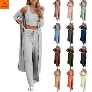 Tankaneo Womens 3 Piece Lounge Sets Pajamas Knit Long Sleeve Cardigan Crop Top Wide Leg Pants Loungewear Set