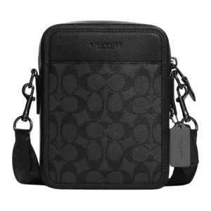 COACH Sullivan 17 Classic Monogram Zip-Top Crossbody Bag for Men, Pebbled Leather and Coated Canvas, Small, Black