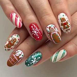24Pcs Christmas Press on Nails Short Almond Fake Nails Brown False Nails with Snowflake Gingerbread Man Designs Acrylic Nails Full Cover Xmas Glue on Nails for Women Christmas Nails Press on